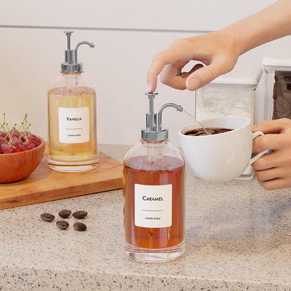16.9 oz (500 ml) Coffee Syrup Dispenser Set- 4 Glass Bottles with Gold Pumper and Syrup Labels - Precise Dispensing and Stylish Addition to Coffee Shop, Cafe or Home Bar