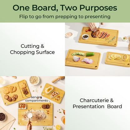 Keechee Wood Cutting Board for Kitchen - Reversible Bamboo Cutting Boards Gift Set of 3 with Juice Groove, Wooden Chopping Board for Meat, Fruit, Vegetables & Cheese (Pre Oiled, Natural)