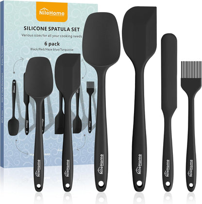 NileHome Silicone Spatula Set, 6 Pieces Food Grade Kitchen Utensils with Silicone Brush Heat Resistant Up to 600°F Dishwasher Safe BPA-Free Rubber Spatula for Scraping, Baking, Cooking, Mixing-Black