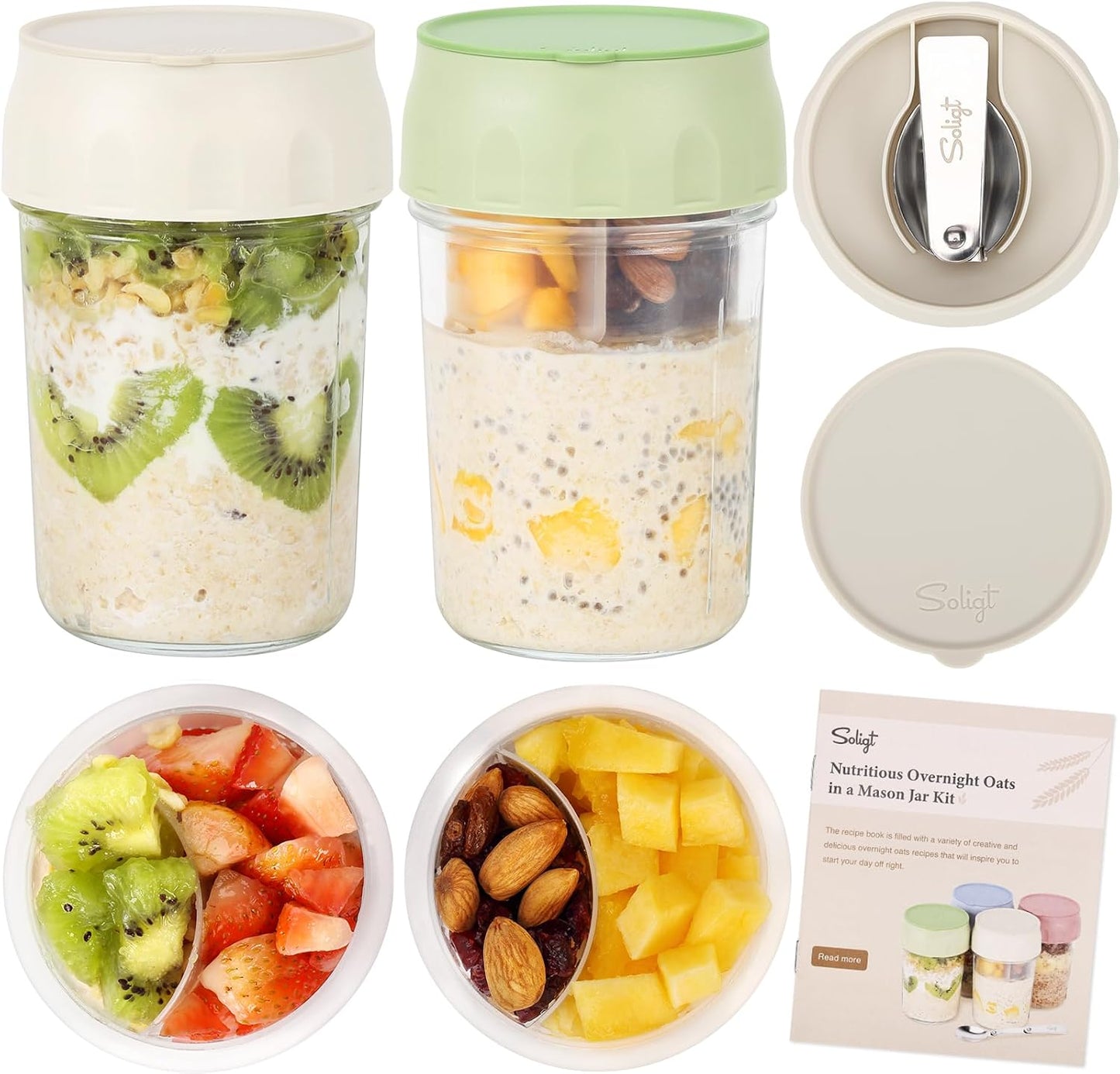 SOLIGT 4 Pack Overnight Oats Containers with Lids, Folding Spoons and Divided Compartments for Fruit & Nuts, Small Glass 16oz Mason Jars for Oatmeal (4 Set-Oat White/Green/Rose/Blue)