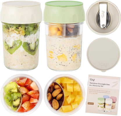 SOLIGT 4 Pack Overnight Oats Containers with Lids, Folding Spoons and Divided Compartments for Fruit & Nuts, Small Glass 16oz Mason Jars for Oatmeal (4 Set-Oat White/Green/Rose/Blue)