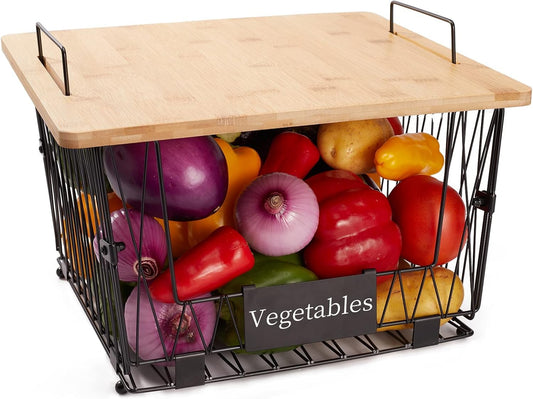 【XXL Big Size】 2 Pack Stackable Wire Storage Baskets with Wood Lid- Kitchen Countertop Organizer for Fruit Vegetable -Large Metal Bin for Pantry Organization and Storage, Black