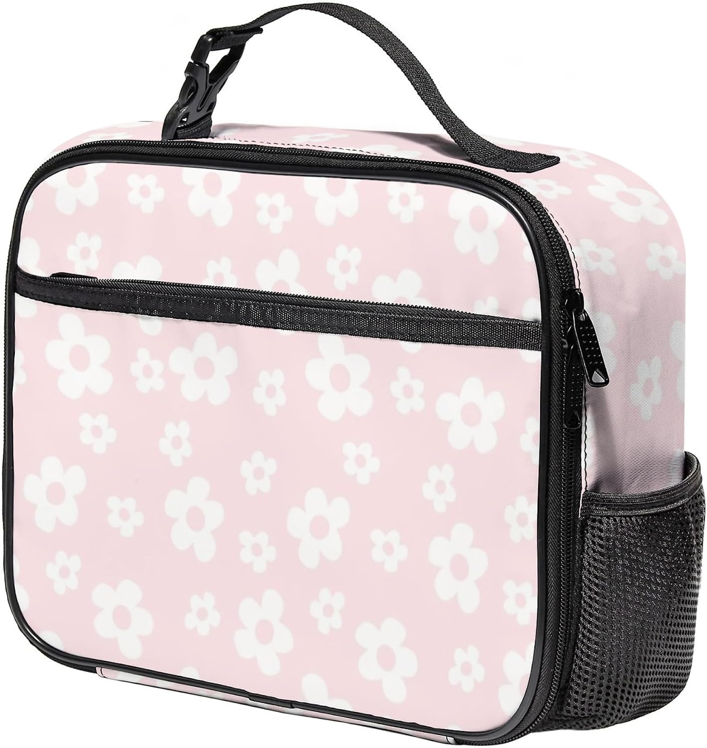 Large Lunch Box for Girls Insulated Lunch Bag with Water Bottle Holder Front Zipper Pocket Leakproof Waterproof Reusable Lunch Tote Bag for Work Picnic Camping Back to School (pink floral)