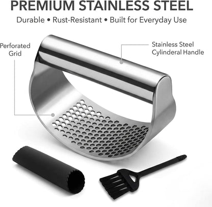 Angel's Peel Lounge Stainless Steel Garlic Press Rocker Set with Silicone Garlic Peeler & Cleaning Brush – Garlic Chopper, Mincer, Grater, Crusher – Easy for Crushed Cloves – Rust-Resistant, Black