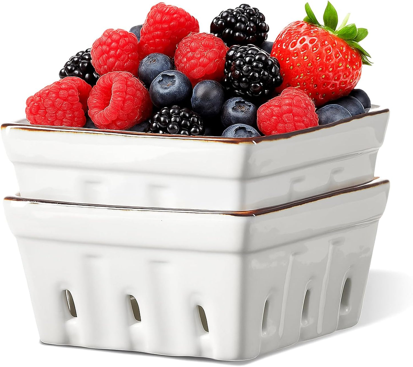 ONEMORE Ceramic Berry Basket, Square Fruit Bowls, Rustic Stoneware Berry Colander Set of 2, 5.7 inch, Gray & Light Green