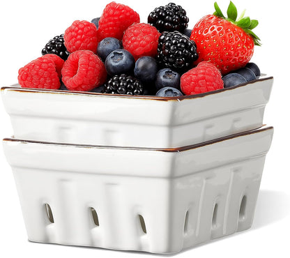 ONEMORE Ceramic Berry Basket, Square Fruit Bowls, Rustic Stoneware Berry Colander Set of 2, 5.7 inch, Gray & Light Green