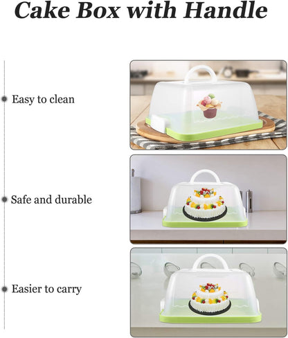 Green Cake Carrier, 10x5 in Square Plastic Cupcake & Cake Storage Box with Clear Dome Lid & Handle – Portable, Airtight Travel Container for Bakers, Chefs & Caterers