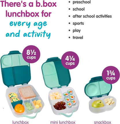 b.box Mini Lunch Box 2-Pack, Leak Proof Bento Box for Kids, 3 Compartment Snack Containers Ages 3+, Lunchbox for Daycare + School, Dishwasher Safe, BPA-Free, PFAS-Free, 4.25 Cup - Blue + Green