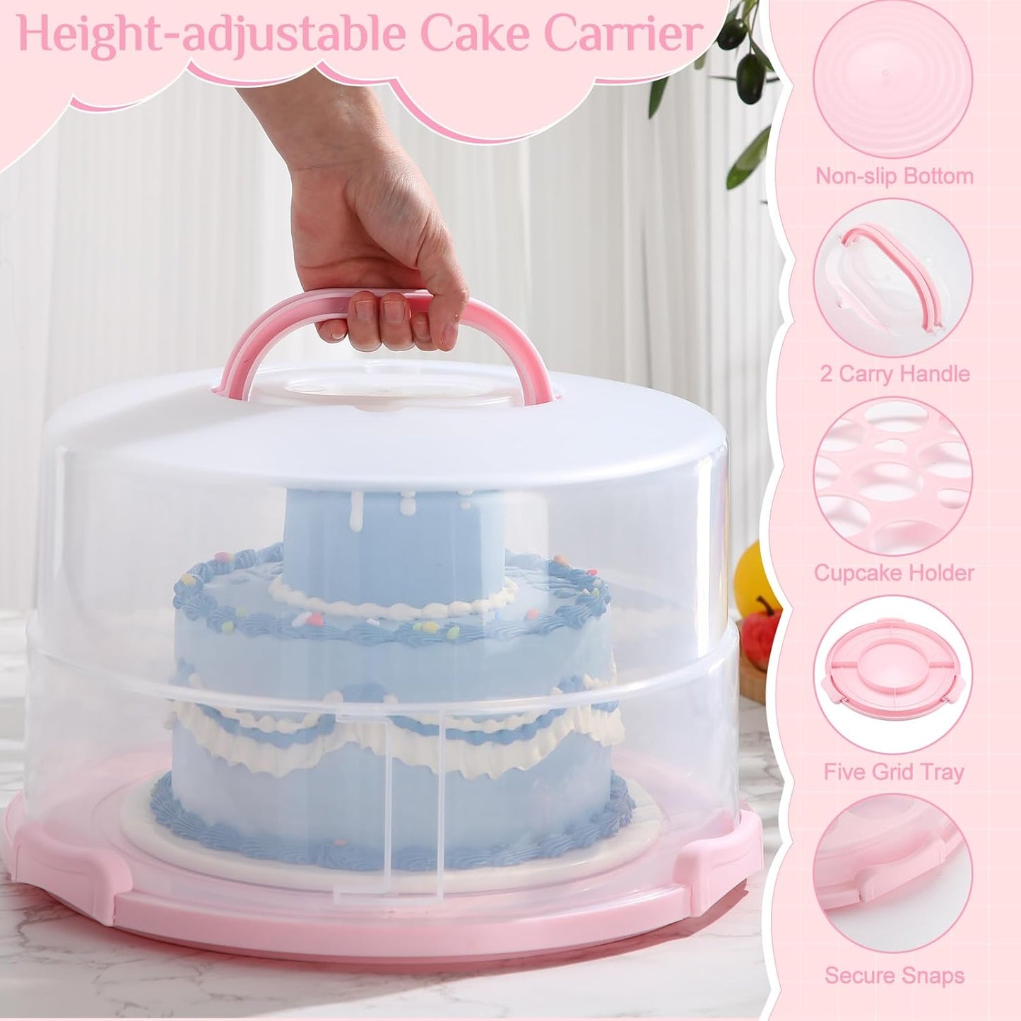 Teenyyou 12 Inch Large Cake Carrier with Lid and Handle for 12" Round 7" High Cake Adjustable Plastic Pies Carrier Portable Cupcakes Transport Container for Cookies Pizza and More(Pink)