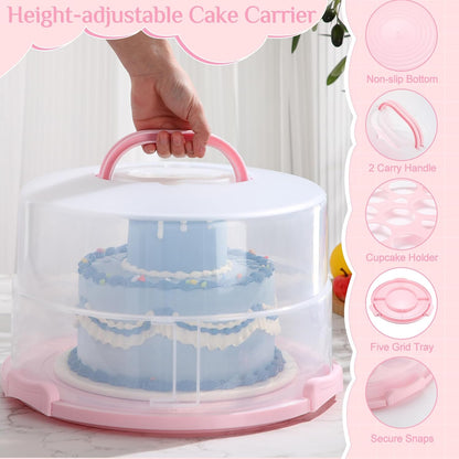 Teenyyou 12 Inch Large Cake Carrier with Lid and Handle for 12" Round 7" High Cake Adjustable Plastic Pies Carrier Portable Cupcakes Transport Container for Cookies Pizza and More(Pink)