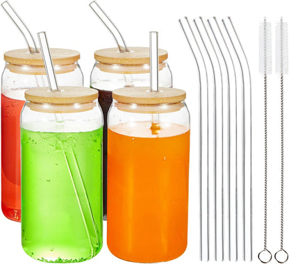 4pcs Set - 20oz Glass Tumblers with Bamboo Lid and Glass Straw, Drinking Glasses, Iced Beer Glasses, Classical and Thermal Safe Glasses with Cleaning Brushes