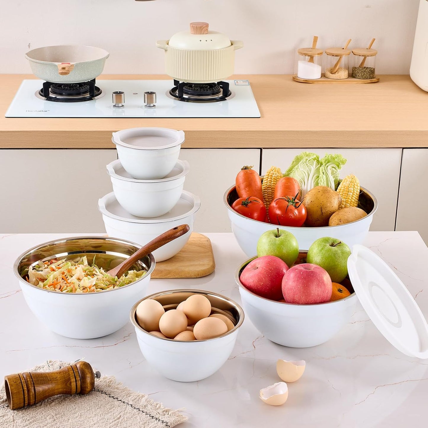 Pink Mixing Bowls with Airtight Lids, Stainless Steel Nesting Mixing Bowls Set of 7, Ideal for Baking, Prepping and Serving Food, Size 7, 3.6, 2.7, 2.1, 1.5, 1.1,0.8 QT, Stackable Design