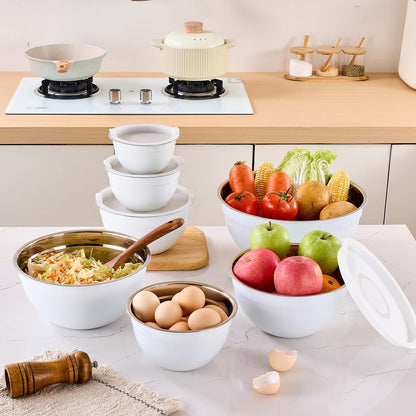 Pink Mixing Bowls with Airtight Lids, Stainless Steel Nesting Mixing Bowls Set of 7, Ideal for Baking, Prepping and Serving Food, Size 7, 3.6, 2.7, 2.1, 1.5, 1.1,0.8 QT, Stackable Design