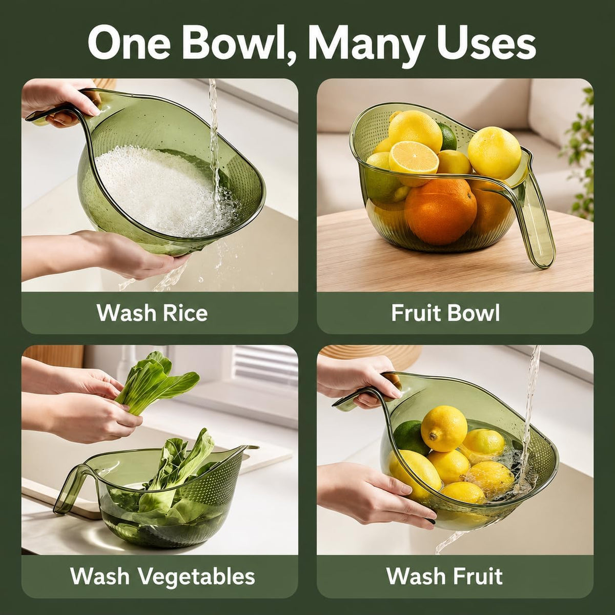 Rice Washer, Rice Rinser Strainer w/Handle, BPA-Free (Clear)