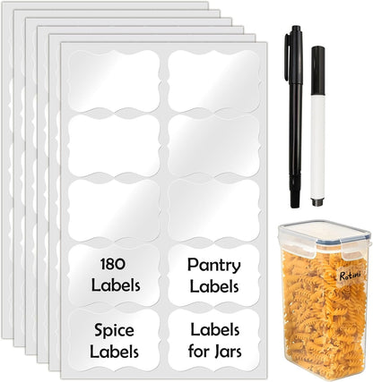 JIEHENG 180Pcs Chalkboard Labels for Jars,Removable Stickers with 1 Liquid Chalk Markers(Black, Wavy)