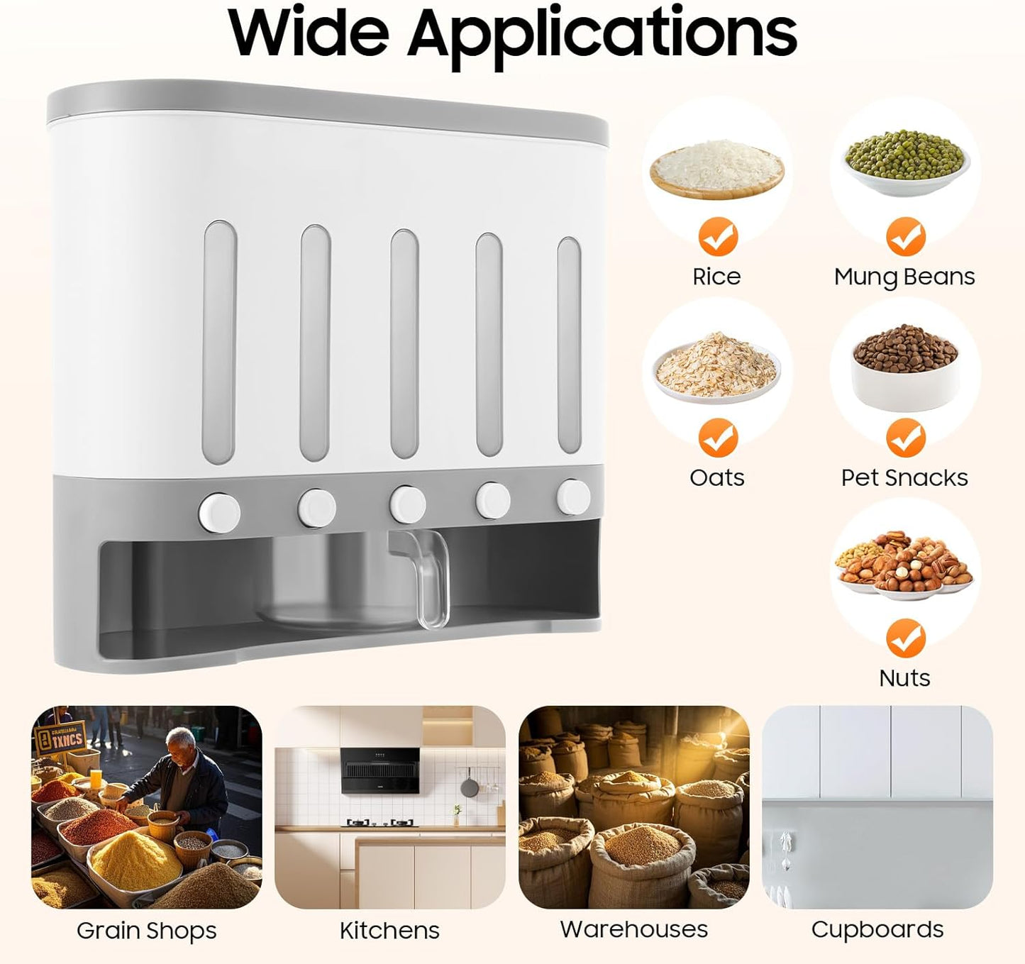 Dry Food Dispenser Wall mounted 5 Grid Cereal Dispenser Storage Rice Dispenser with Measuring Cup Individual Containers and Removable Walls for Rice, Beans, Beads Kitchen