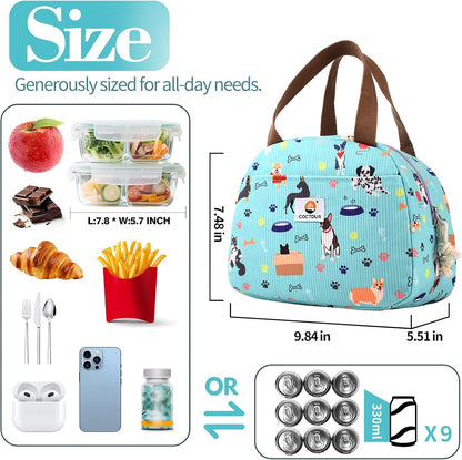 CaCTOUR Lunch Box for Women Girls Teens,Cute Lunch Box Cooler Bag, Portable Insulated Small Lunch Bag Women Reusable Corduroy Lunch Tote for Work/Travel/Picnic/School (Dog Green,Small)