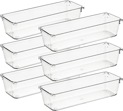 Ravinte 6 Pack Drawer Organizer - 3" X 9" Plastic Storage Bins, Acrylic Organizers with Non-Slip Pads Clear Desk Storage Tray for Makeup, Jewelries, Kitchen Utensils, Bathroom and Office
