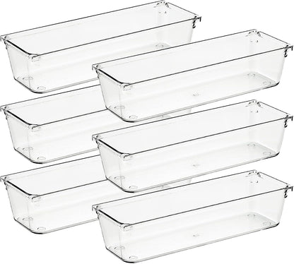 Ravinte 6 Pack Drawer Organizer - 3" X 9" Plastic Storage Bins, Acrylic Organizers with Non-Slip Pads Clear Desk Storage Tray for Makeup, Jewelries, Kitchen Utensils, Bathroom and Office