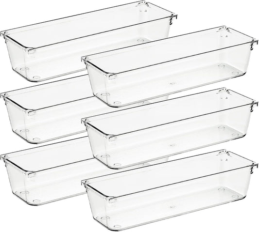 Ravinte 6 Pack Drawer Organizer - 3" X 9" Plastic Storage Bins, Acrylic Organizers with Non-Slip Pads Clear Desk Storage Tray for Makeup, Jewelries, Kitchen Utensils, Bathroom and Office