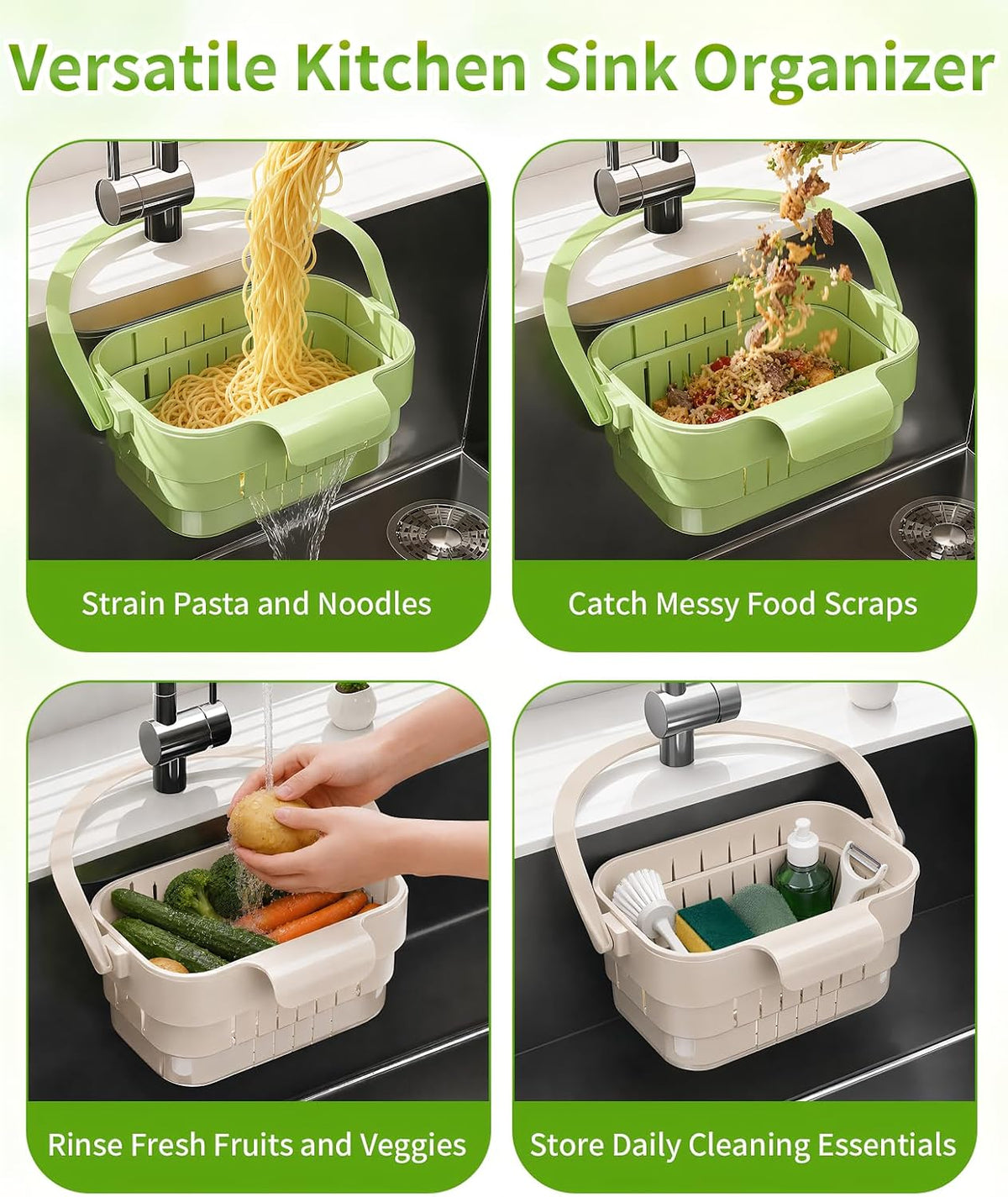 2 Pcs Collapsible Sink Drain Basket, Hanging Food Strainer Colander