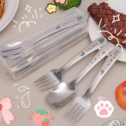 Cute Cartoon Spoon Fork Dinnerware Sets with Case Cute Kawaii Portable Travel Stainless Steel Cutlery Set Kitchen Utensils Tableware (Monsters,16.5x4cm)