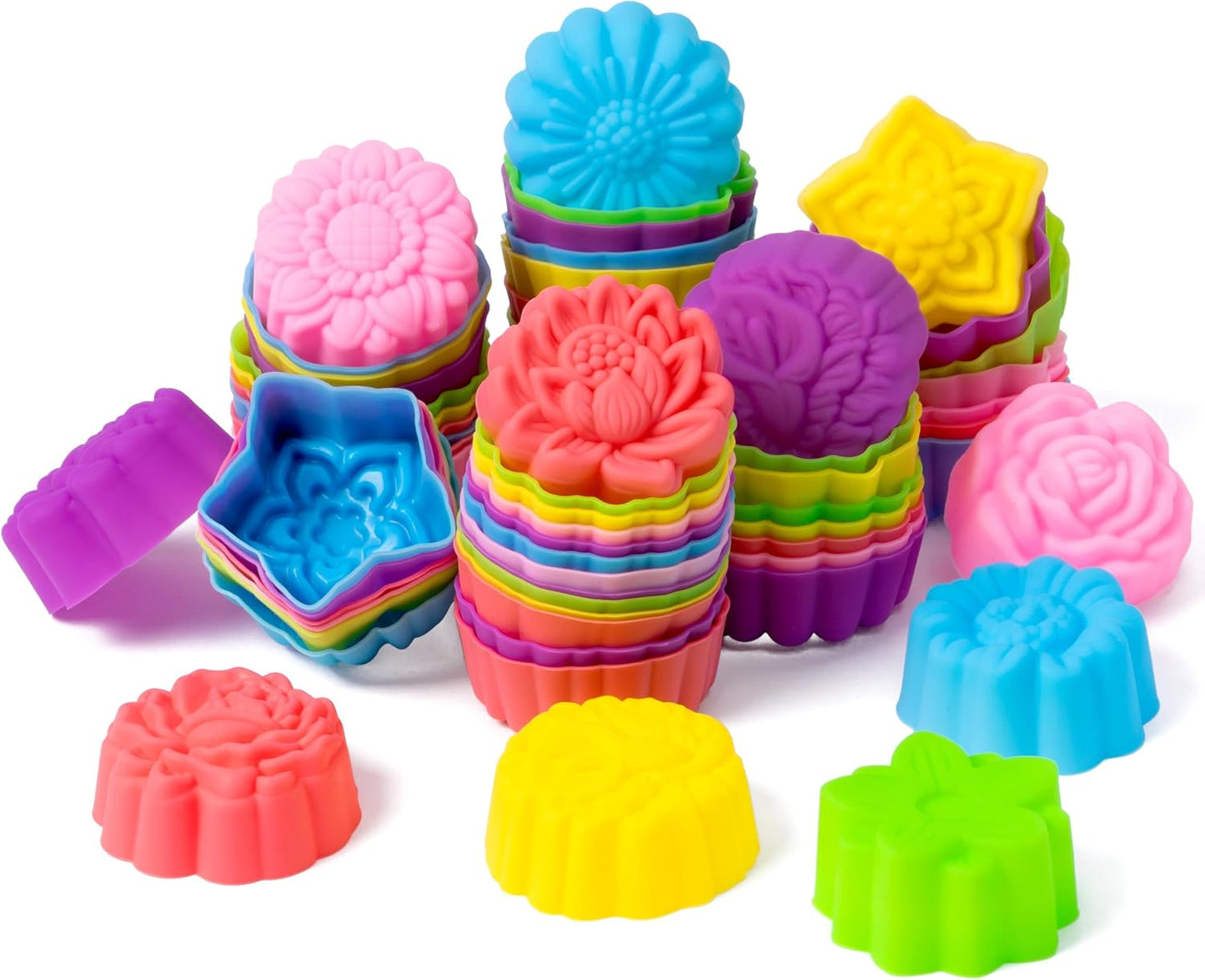 R HORSE Mini Silicone Cupcake Liners Molds - 60Pcs 2 Inch Muticolor Floral Shaped Baking Cups, Reusable Non-Stick Cupcake Wrappers Muffin Baking Liners for Oven Microwave Dishwasher Safe