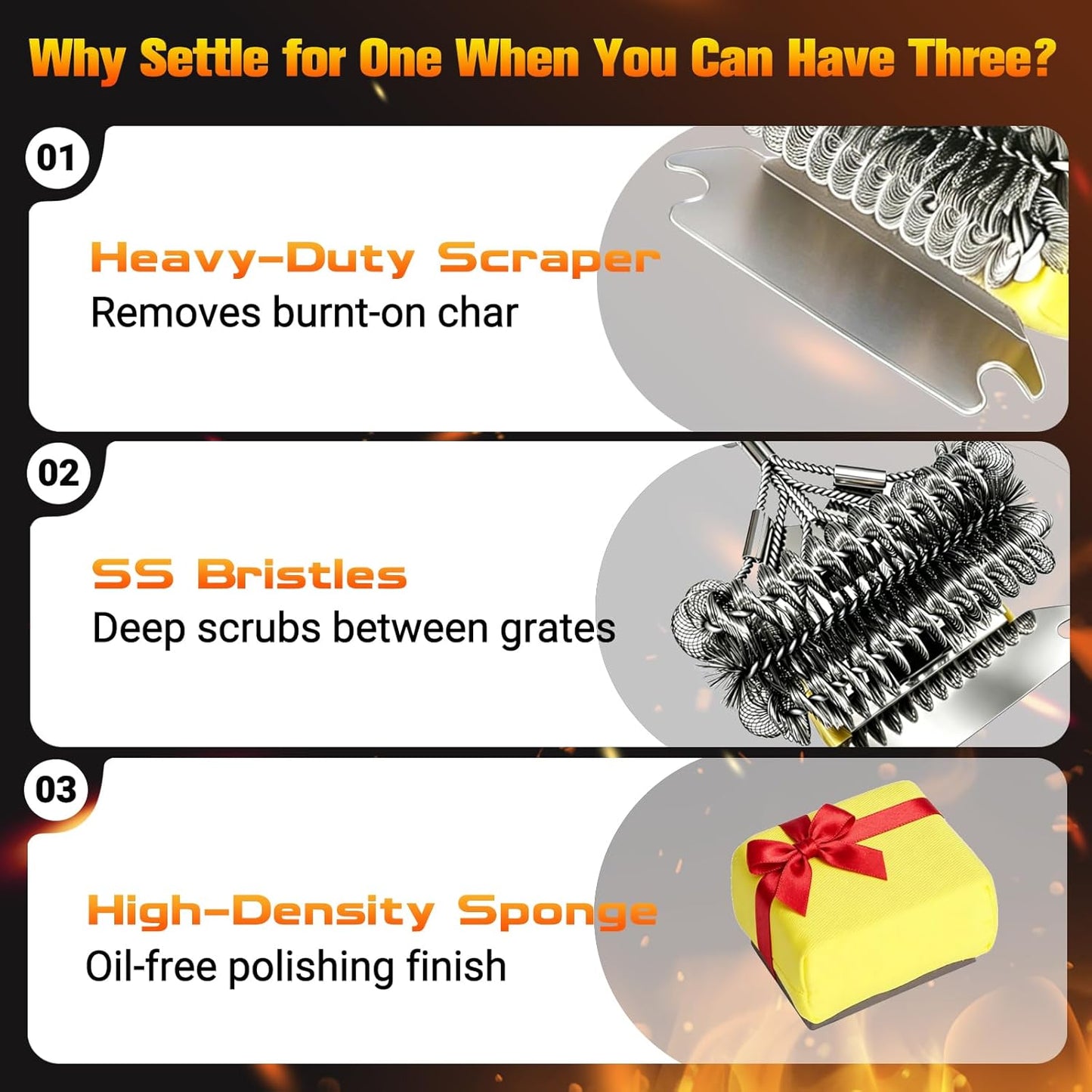Professional 3-in-1 Grill Brush and Scraper with Safety Second Sweep Sponges - 18" Detachable Long Handle BBQ Cleaner for Heavy Duty Grime - Ideal Father's Day Grilling Gift for Men (Black)