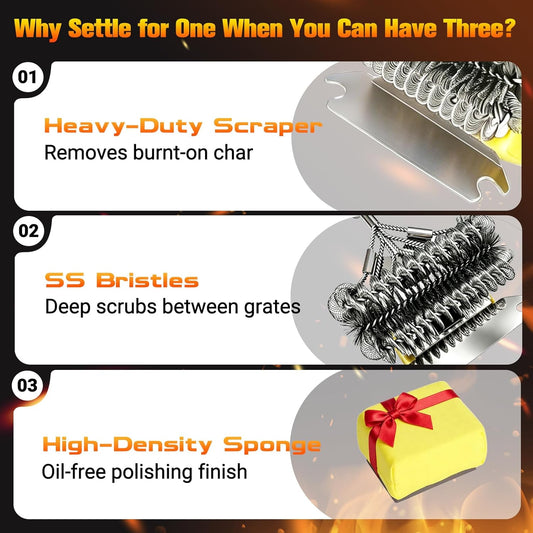 Professional 3-in-1 Grill Brush and Scraper with Safety Second Sweep Sponges - 18" Detachable Long Handle BBQ Cleaner for Heavy Duty Grime - Ideal Father's Day Grilling Gift for Men (Black)