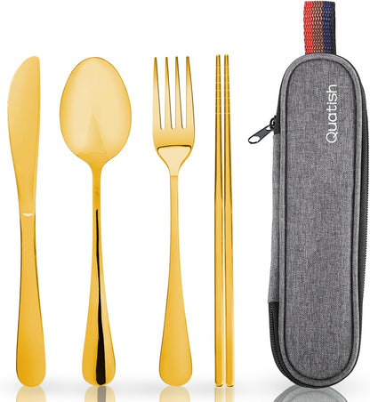 Travel Utensils with Case, Quatish Portable Silverware Set for Work, Stainless Steel Reusable Travel Cutlery Set, Fork and Spoon Set for Camping, EDC Gadgets, Lunch Box for Men, Purple