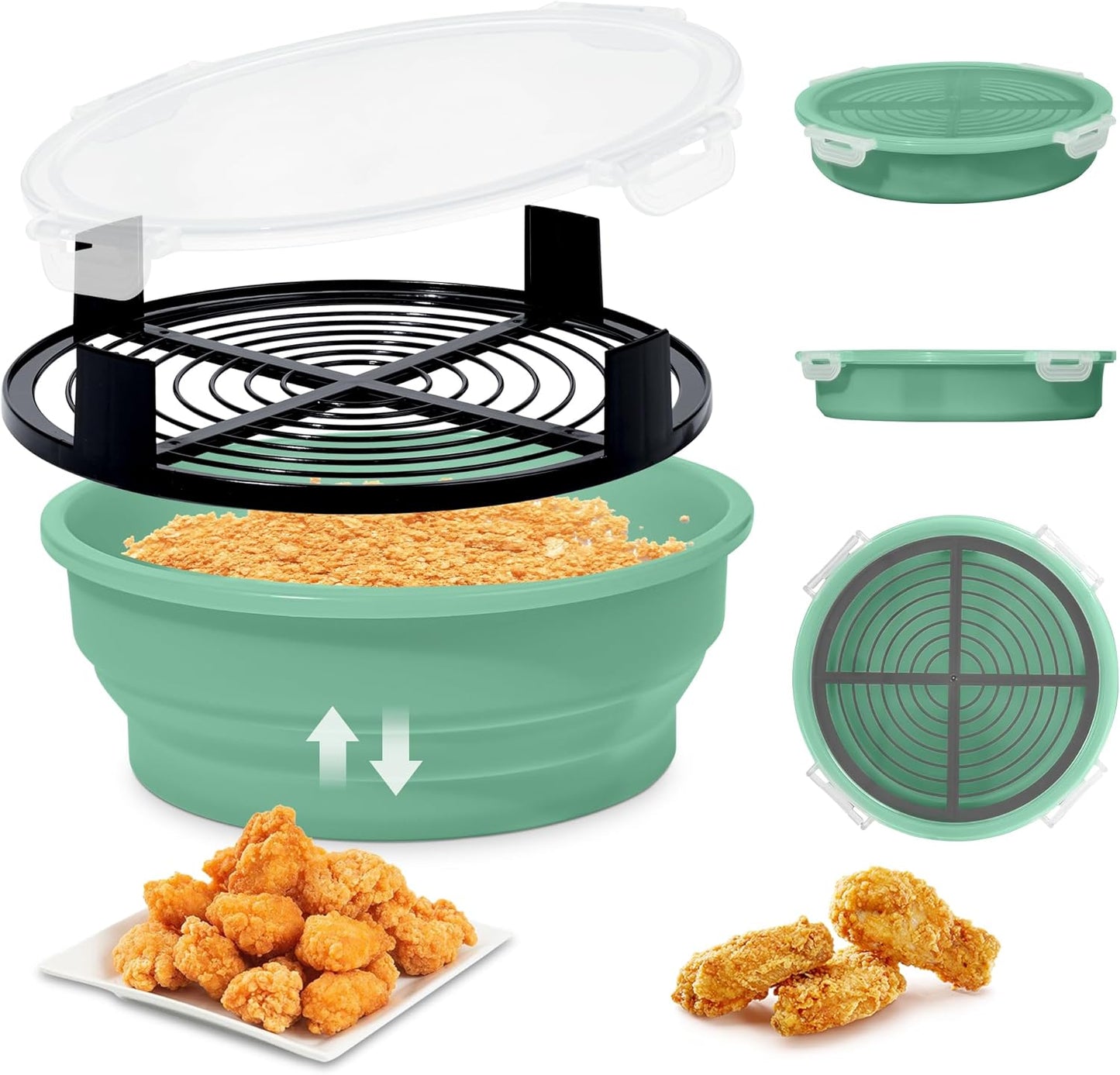 FJNATINH Collapsible Batter Bowl - Mess Free Better Breader Shaker Bowl with Lid Breading Shaker Container for Fried Fish, Fried Chicken, Onion Rings & More,No Leak,Easy to Store,Light Blue