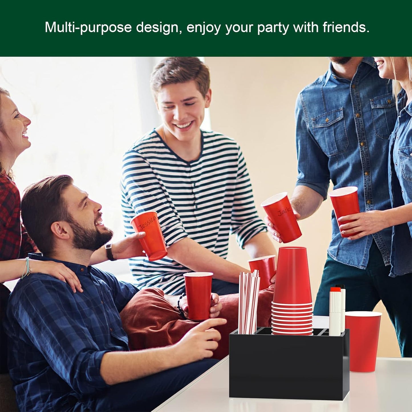Double Cup Holder with Marker Slot, Party Cup Dispenser Acrylic Cup Organizer Mark Your Cup and Drink Up Caddy Modern Bar Counter Decor, Clear