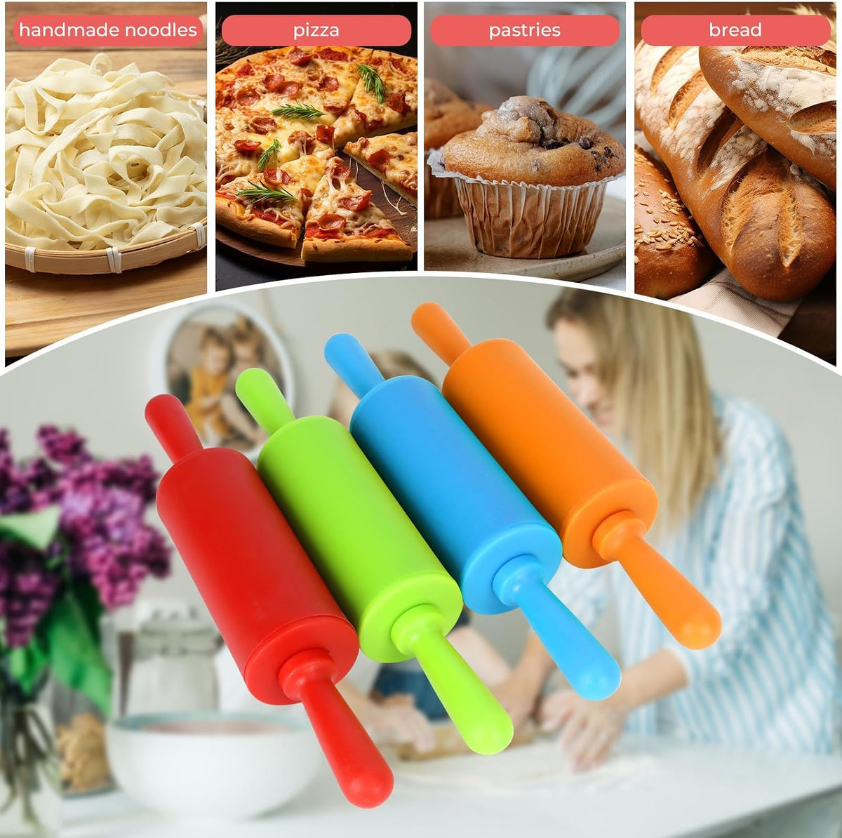 4 Pack Mini Rolling Pin for Kids,9 Inch Non-Stick with Plastic Handle