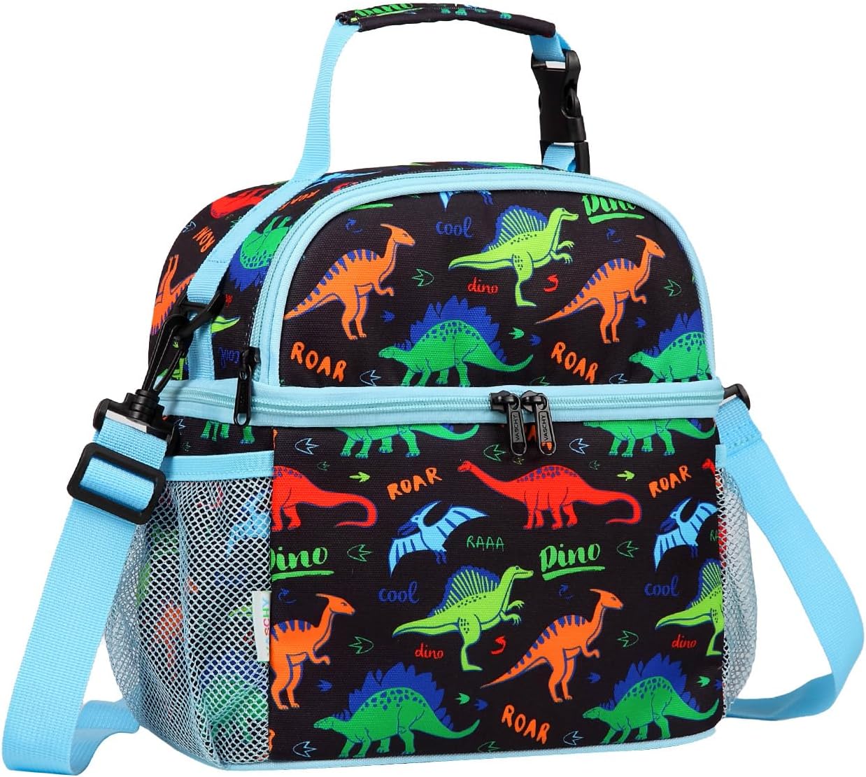 VASCHY Lunch Box Bag for Kids, Insulated Double Compartments Cooler Lunch Tote for Toddlers Boys Girls School/Daycare/Picnic Black Dinos