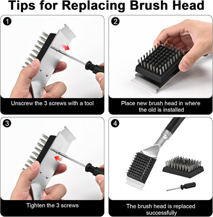 Grill Brush and Scraper for Barbecue – Grill Brush for Outdoor Grill with Extended, Large Handle and 2 Replaceable Stainless Steel Bristles Head –No Scratch- BBQ Grill Brush for Any Grill