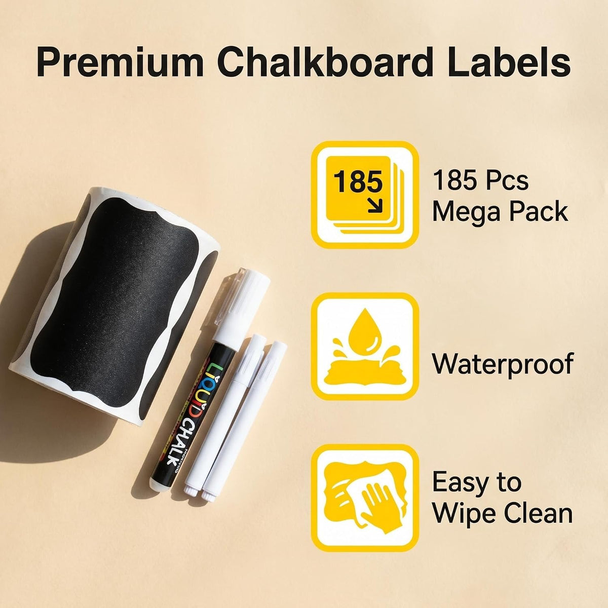 Blackboard Labels - 185 Waterproof Reusable Blackboard Stickers with 3 Liquid Chalk for Mason Jars, Party Decor, Craft Rooms, Weddings, Storage。