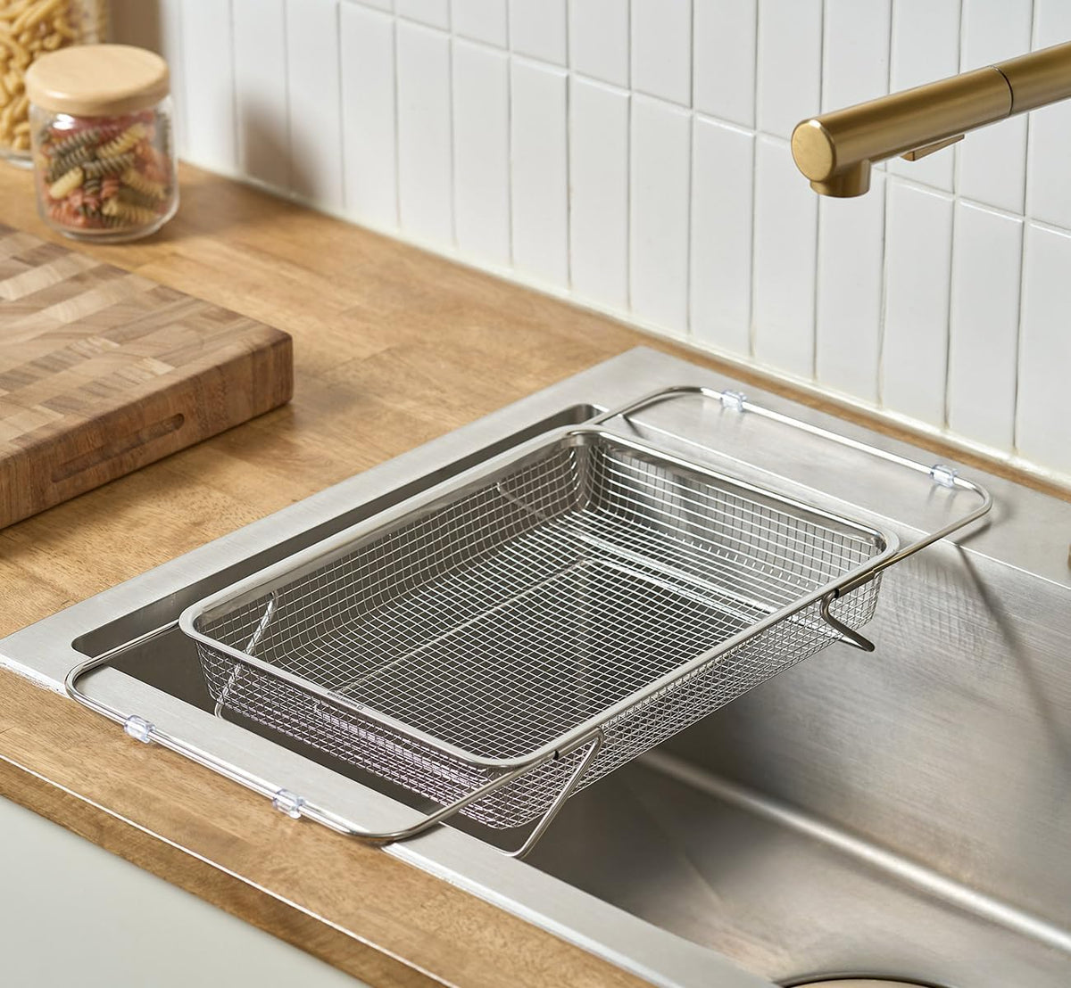 WAGENSTEIGER Extendable Dish Rack with Feet, Vegetable Colander Basket, Stainless Steel Dish or Silverware Drying Rack, Ultimate Kitchen Organizer Over the Sink (11.81 x 8.27 x 2.76 Inches)