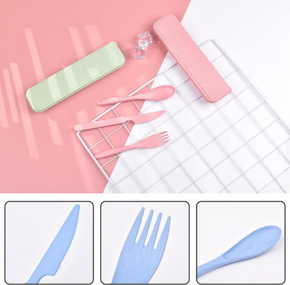 Lnrkai Travel Utensils Set with Case, 4 Sets Wheat Straw Reusable Spoon Knife Forks Tableware, Portable Cutlery Set for Lunch Box Accessories for Adults Travel Picnic Camping or Daily Use