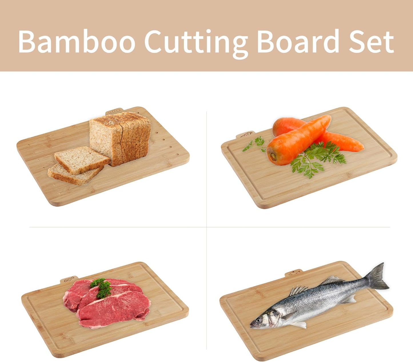 Fiery Chef 12.6"L x 9"W Bamboo Cutting Board Set of 4 - Wood Cutting Board Set with Holder, Chopping Boards Set with Food Icons, Juice Groove - Ideal for Meat, Fish, Bread, Vegetable, Fruit Chopping