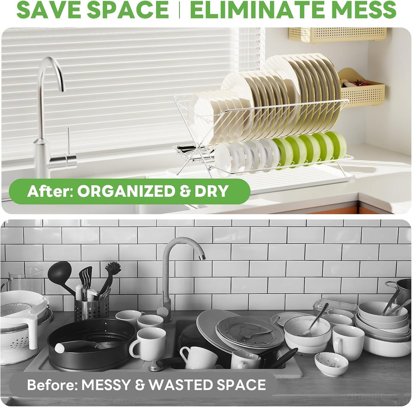 Expandable Over The Sink Dish Drainer Drying Rack, Stainless Steel Metal, Small Adjustable Dish Drainer Drying Rack for Kitchen Counter, Space Saving for Compact Kitchen