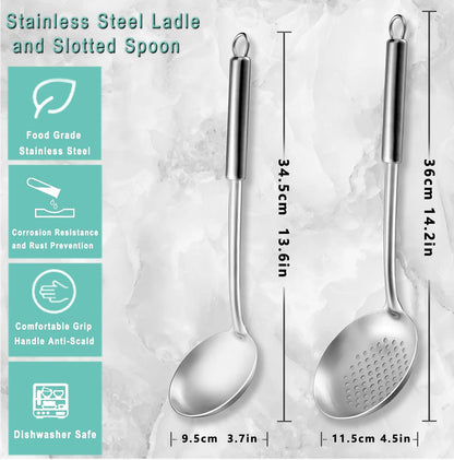 Pleafind 𝟑𝟑% 𝐎𝐅𝐅 Cooking Utensils Set - 4 Pcs Stainless Steel Kitchen Utensils Set with Solid Turner, Slotted Turner, Serving Ladle, Slotted Spoon, Wok Utensils Set with Heat Resistant Handle