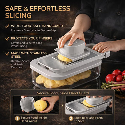 Vegetable Chopper, Stainless Steel Food Dicer and Mandoline Slicer with Drain Holes and Storage Container, Dishwasher Safe Food Chopper for Onion, Potato, Cucumber, Carrot and More