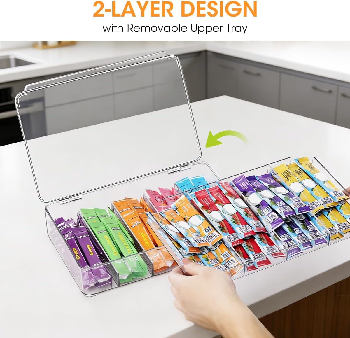 AIEVE Drink Packet Organizer, 2-Tier Tea Bag Organizer with Lid, Stackable Clear Pantry Storage Bins with Adjustable Dividers, Acrylic Water Packet Holder for Cabinet Kitchen Storage Organization