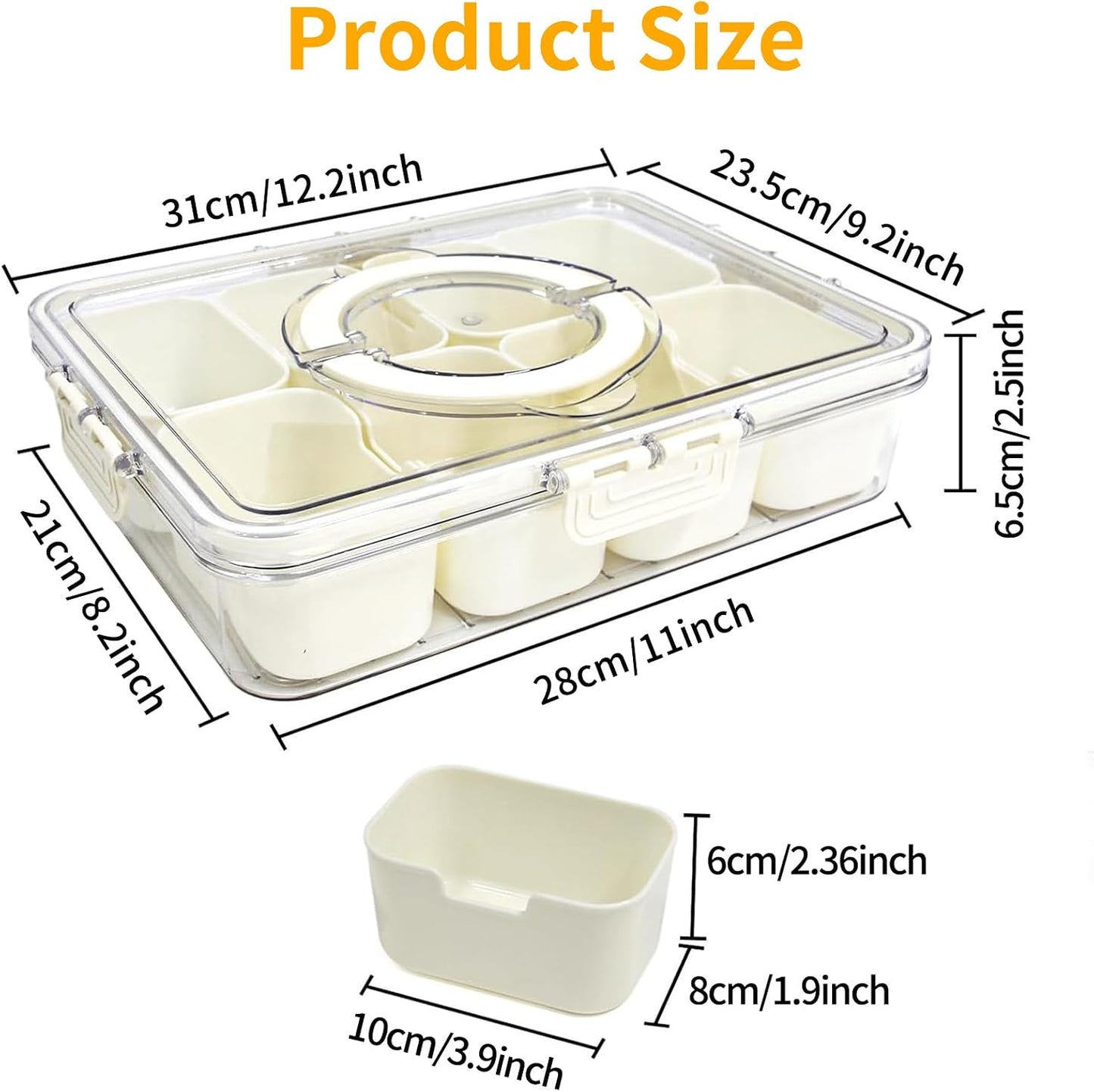 Divided Serving Tray with Lid & Handle, Plastic Portable Food Storage Container Snack Platters, 8 Removable Compartment Box for Parties, Reusable Appetizer Clear Organizer for Veggie, Candy, Fruit,Nut
