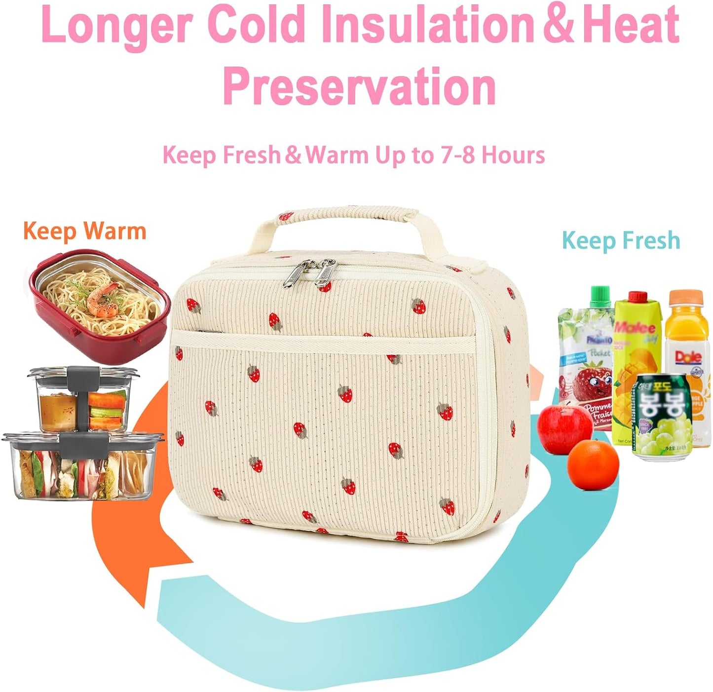 Bluboon Insulated Lunch Bag for Girls & Boys, Corduroy School Lunch Box with Cooler & Organizer Compartments, Leak-Proof Lunch Tote for School, Travel (Corduroy Strawberries Beige)