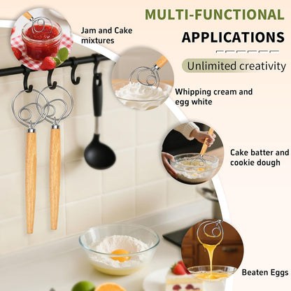 Hand Whisk Stainless Steel Dough Hook Dutch Whisk for Sourdough Bread Dough Mixer Hand Wooden Handle Kitchen Whisking Mixing Tool Bread Making Tools (1 eye)