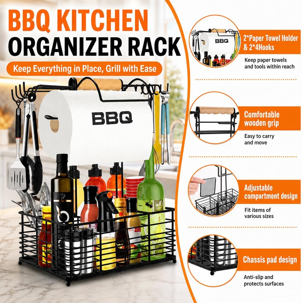 Grill Caddy, BBQ Caddy for Outdoor Grill, Upgraded Camping Accessories with Windproof Paper Towel Holder, Camping Essentials, Outdoor Kitchen BBQ Grill Accessories for Camper, Grilling Gifts for Men