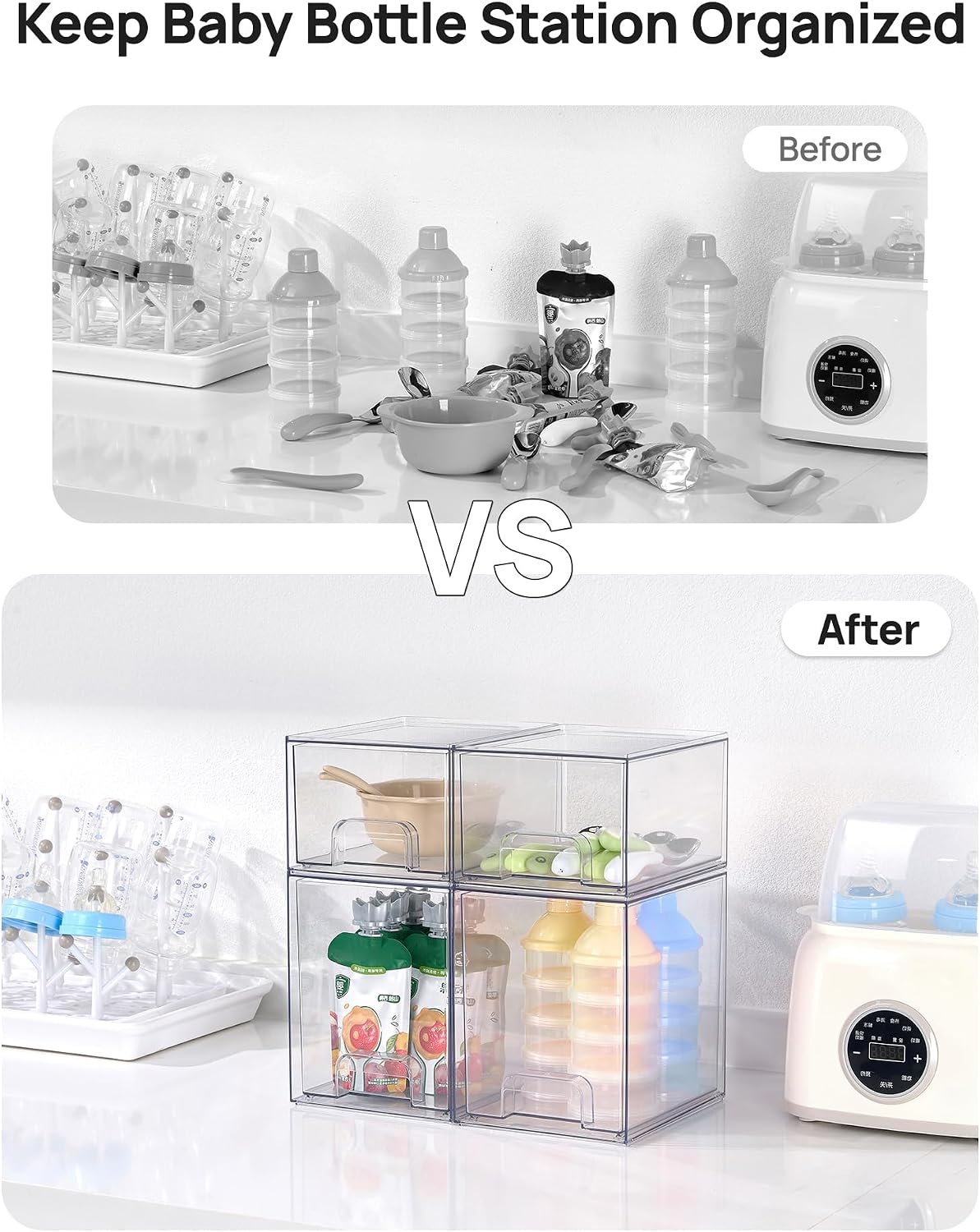Vtopmart Stackable Storage Drawers Set of 5, Clear Plastic Organizer Bins for Baby Bottle, Beauty Supplies Storage, Ideal for Kichen Countertop, Vanity, Bathroom, Cabinet, Pantry Organization
