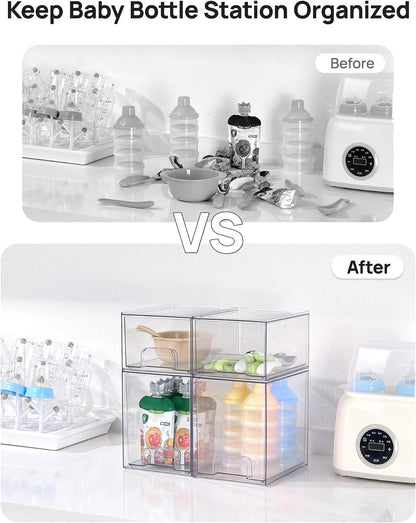 Vtopmart Stackable Storage Drawers Set of 5, Clear Plastic Organizer Bins for Baby Bottle, Beauty Supplies Storage, Ideal for Kichen Countertop, Vanity, Bathroom, Cabinet, Pantry Organization