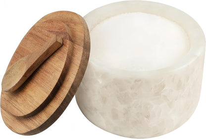 Salt and Pepper Spice Cellar, Marble Container for Coffee, Sugar, Spices and Candies, With Built-in Magnetic Attraction Spoon and Acacia Wood Lid, 6.5 oz (Snowflake White)